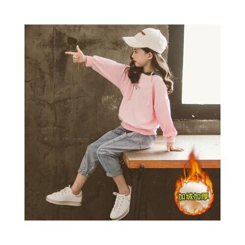 Spring Autumn Kids Girls Clothes Set Hooded Sweatshirt +Jeans Pants Girls 2Pcs Suits Fleece Warm Hoodies Children Clothing Suits