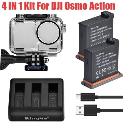 4 in 1 Set For DJI OSMO Action 2pcs lithium battery+3-Way Charger+Diving Waterproof Protective housing Case For DJI Accessories