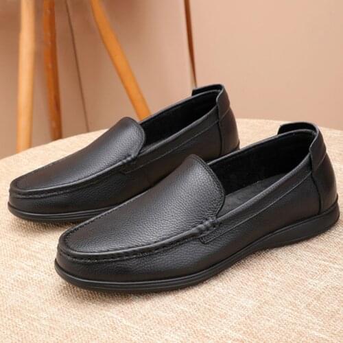 Handmade Mens Business Casual Genuine Leather Shoes Soft Bottom Lazy Driving Loafers Breathable Male Grain Simple Flat Black
