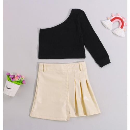 2-6Y Fashion Children Girls Clothing Sets Kids Girls Solid Long Sleeve One Shoulder Tops+PU Leather Skirt Outfits