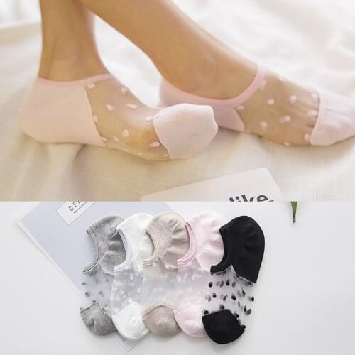 1 Pair Crystal Silk Cotton Lace Mesh Boat Socks Womens Short Summer Socks Female Thin Low Cut Women Nylon Transparent Socks
