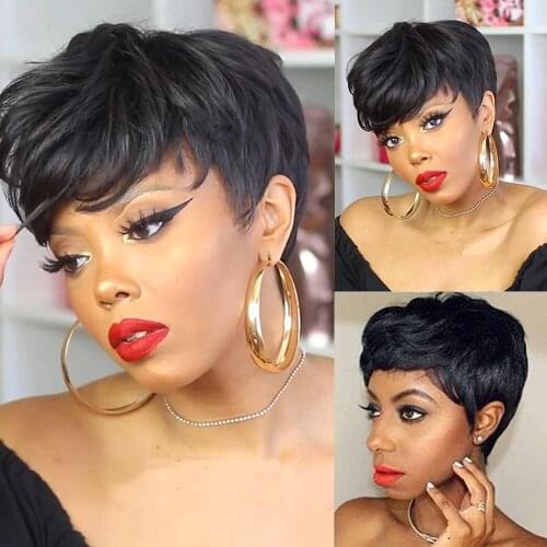 Black Color Glueless Short Human Wigs With Bangs Non Lace Brazilian Virgin Hair Pixie Cut Wig For Black Women Cheap Hair Bob Wig