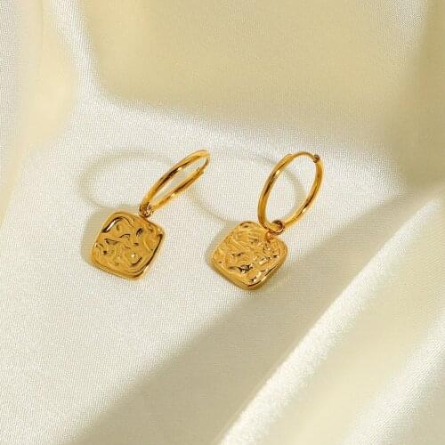 18K Gold Plated Stainless Steel Earrings Rectangle Shaped Jewelry Square Relief Pendant Earrings