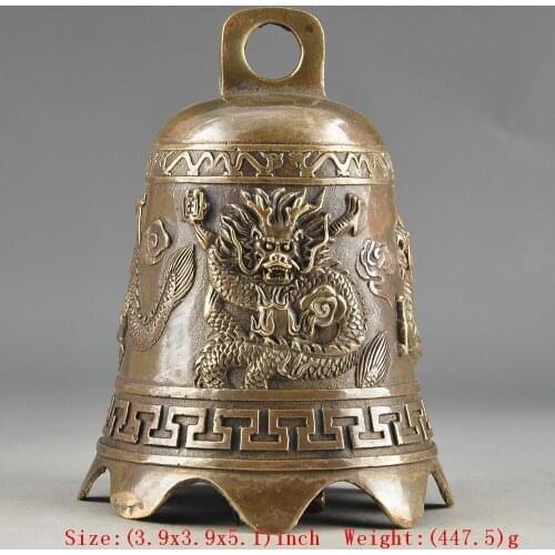 Rare Old Prayer Handwork Hammered Chinese Brass Old Dragon Embossment Bell Decor copper tools wedding