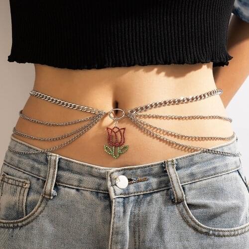 Silver Color Multilayer Chain Pendant Ladies Sexy Fashion Waist Chain Chic Crystal Inlay Flower Jewelry Women Belly Waist Chain