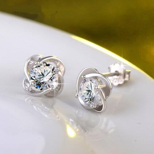 Trendy Crystal Stone Wedding Earrings Cute Female Flower Small Stud Earrings Real Sterling Silver Small Earrings For Women Gifts