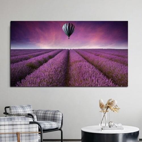 Scandinavian Lavender Flower Garden Landscape Sunset Canvas Print Poster Painting Wall Art for Modern Living Room Home Decor