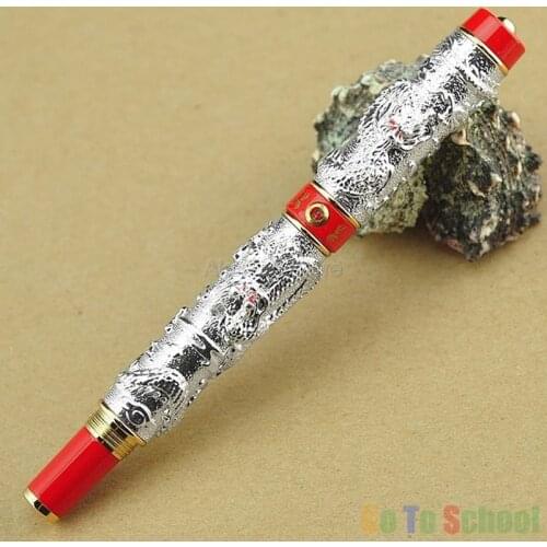 Jinhao Vintage Silver & Red Fountain Pen Double Dragon Playing Pearl, Metal Carving Embossing Heavy Pen Stationery Accessories