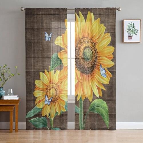 Farm Flower Sunflower Butterfly Wood Grain Tulle Curtain Voile Transparent for Bedroom Living Room Kitchen Sheer Window Curtains