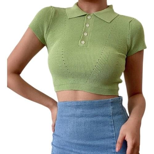 Women Korean Solid Lapel Slim Tee Summer Sexy Exposed Navel Knitted Short Sleeve T-Shirt Tops