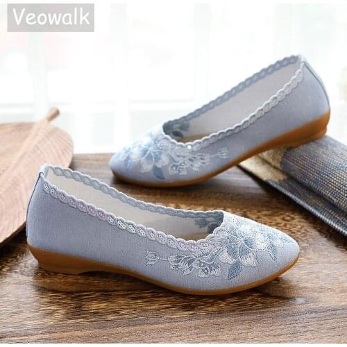 Veowalk Shiny Sequins Embroidered Women Pointed Toe Flat Shoes Comfortable Jacquard Fabric Slip On Flats for Elegant Ladies