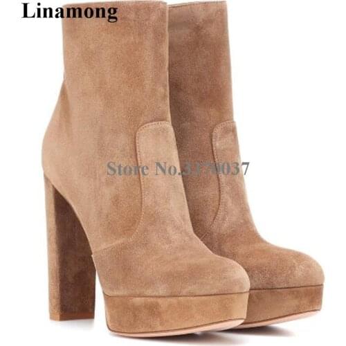 Women New Fashion Round Toe Suede Leather High Platform Chunky Heel Short Boots Zipper-up Flock Thick High Heel Ankle Boots