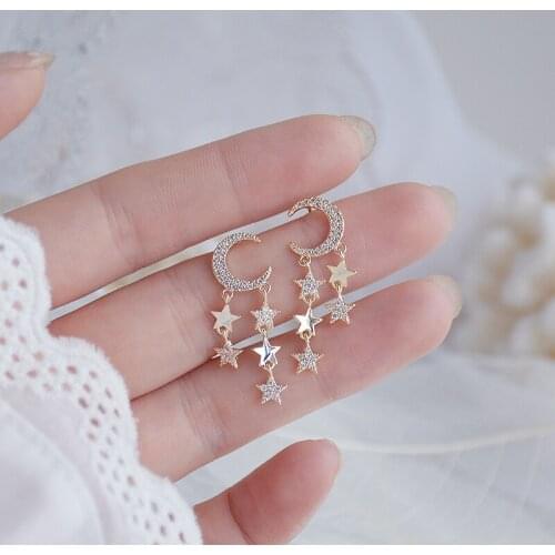 Korean Luxury Charm Star Moon Tassel Earring 14K Real Gold Pave Inlaid Zircon Stud Earring Anniversary Birthday Gift Jewelry