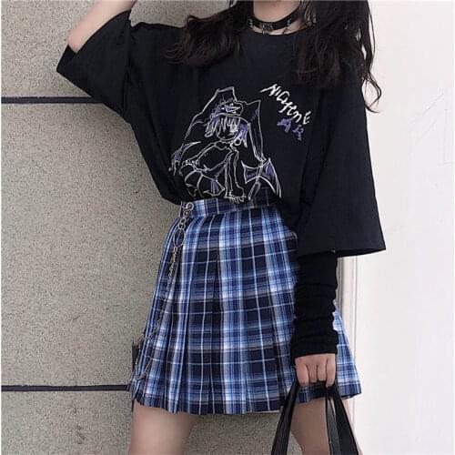 [Two-piece suit] Japanese anime casual style girl print long-sleeved T-shirt pleated skirt single/set