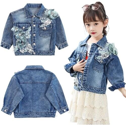 Pretty Floral Denim Jacket Dress Coat 110-160cm Little Girl Cute Bear Print Letter Jacket Casual Denim Clothes Streetwear Coat