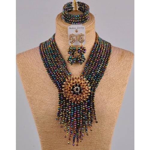 Trendy multicolor plated african wedding necklace jewelry set nigerian beads tassel necklace