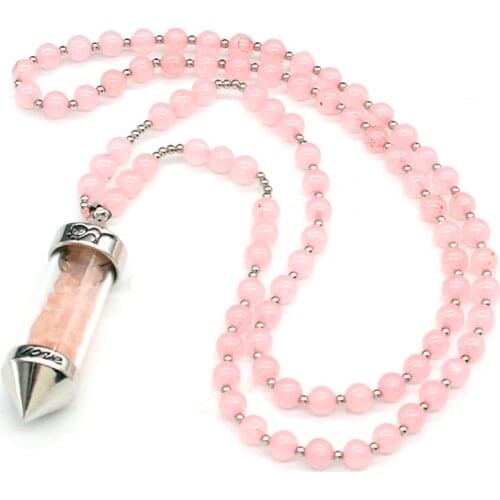 Trendy-beads Silver Plated Natural Rose Pink Quartz Pendant Strand Chain Necklace Wish Bottle Jewelry
