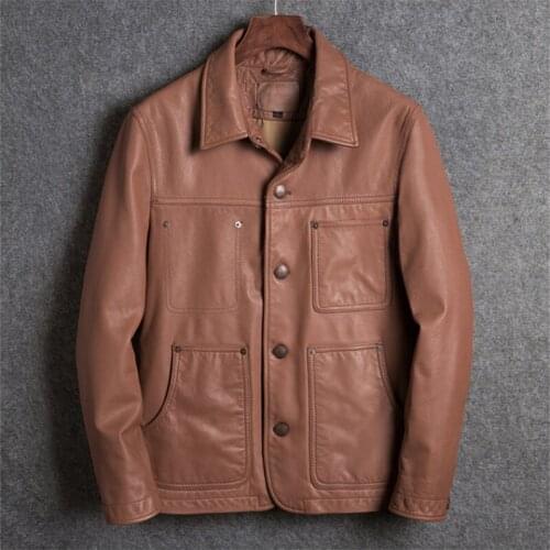 2021 Brown American Casual Style Leather Jacket Men Single Breasted Plus Size 4XL Genuine Cowhide Spring Slim Fit Natural Coat