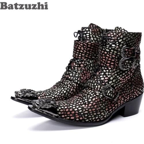 Batzuzhi Handmade Western Cowboy Boots Men Pointed Iron Toe Color Leather Motorcycle Boots Men Botas Hombre 6.5cm Heels Buckles
