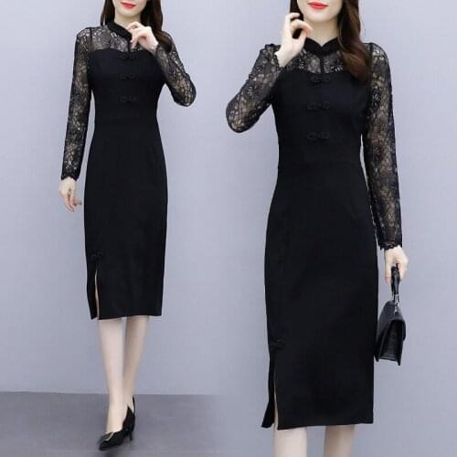 Chinese Style Improved Version Of Cheongsam Womens Autumn 2021 New Lace French Long Sleeve Dress Black Qipao Large Size M611