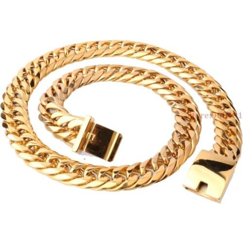 16mm8-40"New Arrive Mens Punky Style Gold Color Stainless Steel Double Link Heavy Curb Link Chain Necklace