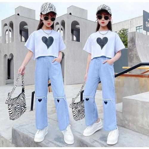 Girls summer denim wide-leg pants 2021 new childrens western style straight trousers summer thin loose anti-mosquito pants