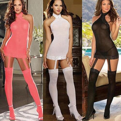 Ladies Women Sexy Lingerie Erotic See-through Halter Sleeveless Babydoll Lace Underwear Nightwear Stockings G string Costume