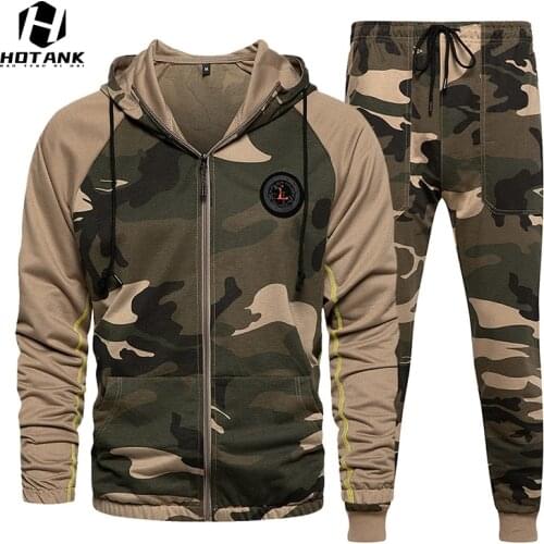 2 Pieces Sets men Camouflage Tracksuit Male Hooded Zipper Sportswear Mens Hoodie+Sweatpants Casual Jogging Patchwork Sport Set