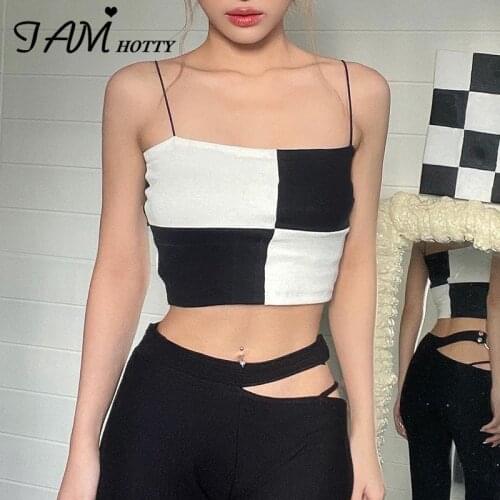 Checkerboard Patchwork Crop Top Women y2k Vintage Sleeveless Tops Aesthetic Knitted Cami Spaghetti Strap Sexy Corset Iamhotty