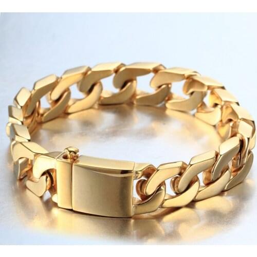 High Quality 316L Stainless Steel Gold Polished Cuban Curb Chain Mens Womens Bangle Fashion Bracelet Wristband 8.66" Wholesale