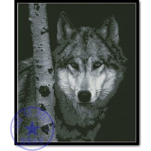 Top Quality popular 100% precision print on canvas cross stitch kit The Watcher Guardian Wolf In The Birch Trees