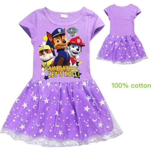 Paw Patrol Girls Skirt Summer Cotton Short-Sleeved Dress Cartoon Puppy Figure Printing Childrens Clothing