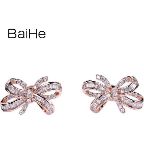 BAIHE Solid 14K White/Yellow/Rose Gold 0.50ct H/SI Natural Diamonds сережки bowknot Fine Jewelry Stud Earrings серьги 2020 тренд