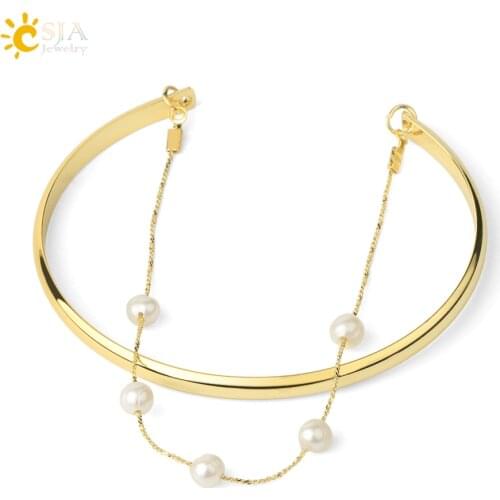 CSJA Simple Style 4mm Cuff Bracelets Natural Pearl Gold Color Chain Open Bangle for Women Child Lovely Jewelry Wedding Gift G583