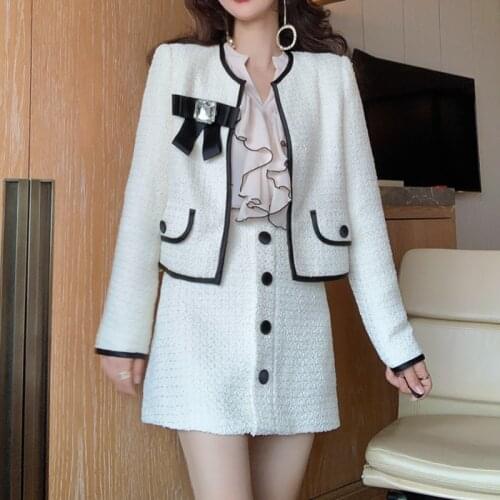 Fashion Autumn Winter Dress Set Women 2021 New Single Breasted Long Sleeve Tweed Blazer Jacket + A Line Skirts Two Pieces Suits