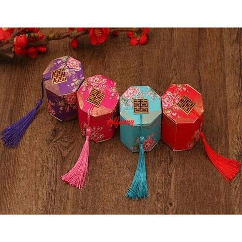 200pcs/lot Double Happiness Vintage Chinese Style Paper Unique Sweetbox Wedding Favors Gifts Holders Sugar Candy Box F061503