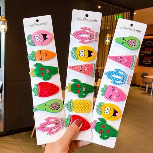 6 pieces bright color diamond children hairpin cactus strawberry vegetable hairpin clip side clip headdress girl bb clip