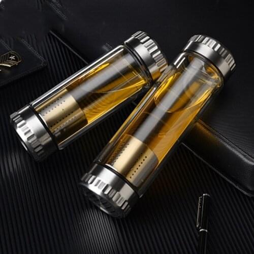 Business Glass Water Bottle with Stainless Steel Tea Infuser Double Wall Glass Tumbler Mug Portable Leakproof Outdoor Sport Cup
