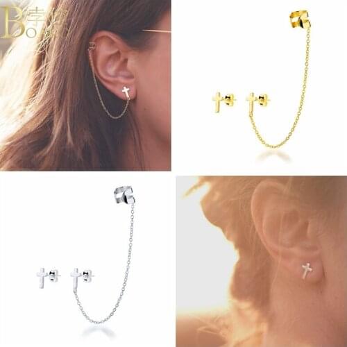 BOAKO Cross Piercing Earrings 925 Sterling Silver Earrings For Women Pendiente Ohrringe Chain Stud Earing Luxury Fine Jewelry