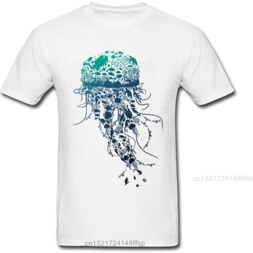 Marine Life T-shirt Men White T Shirt Fish Jellyfish Printed Summer Clothing Cotton Fabric Tshirt O Neck Tops Tees Wholesale