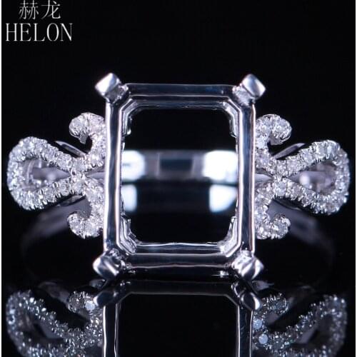 HELON Emerald Cut 9x7-10x8mm Solid 14K White Gold Pave Natural Diamonds Trendy Fine Jewelry Semi Mount Engagement Wedding Ring