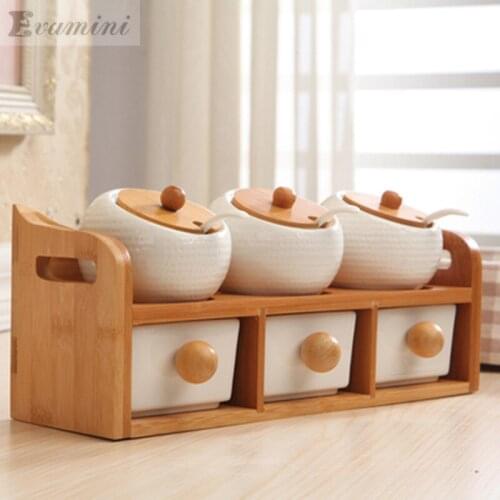 Ceramic Spice Jar Set with Wood Tray Cover 1-8pcs/Set Seasoning Pot Salt Shaker Kitchen Accessories Kit Seasoning Box