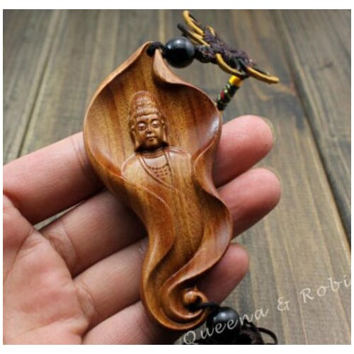 Chinese Knot Wood Carving Leaf Guan Kwan Yin Buddha Statue Car Pendant Amulet