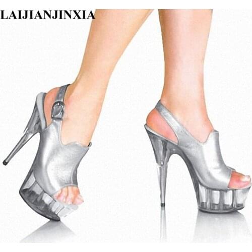 LAIJIANJINXIA New fashion brand platform 15cm high heels Sandal sexy buckle peep toe sandals silver women Crystal shoes
