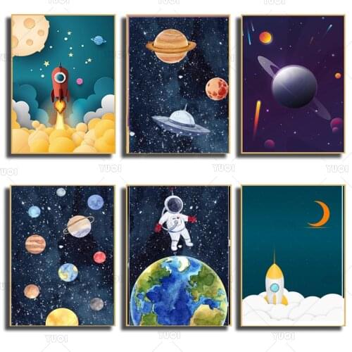 Cartoon artUFO children hand painted rocket astronaut graffiti art poster pattern family wall art decorative painting childrenR