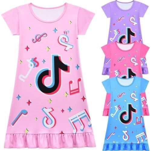 Fashion Tik Tok Nightdress Little Teen Girl Pajamas Dresses Children Cartoon Summer Nightgown Home Clothes Kids Sleepwear