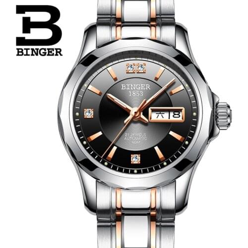 Luxury Japan Automatic Mechanical Movement BINGER Women Rose gold Watch Ladies Black Dial Sapphire Crystal relogio feminino