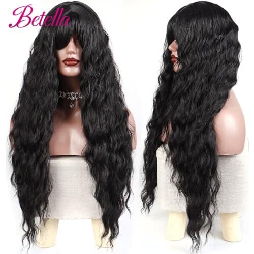 Betella Long Black Wigs Cosplay Water Wave Synthetic Wigs with Full Bangs For White/Black Women Brazilian American pink wig