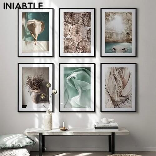 Nordic Leaf Cave Girl Landscape Wall Art Poter Print Canvas Painting Modern Scandinavian Style Picture Living Room Home Decor