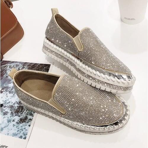 Loafers shoes women luxury silver crystal slip on platform casual shoes woman shinning bling solid black flat heels shoes